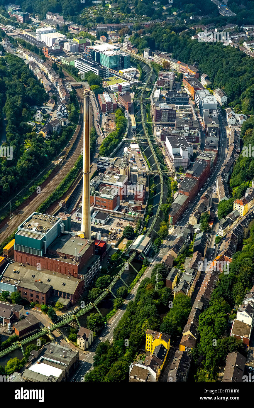 Aerial view, Bayer Wuppertal plant, Chemical Park, Wuppertal suspension railway, steel framework, the Wupper valley, Wuppertal, Stock Photo