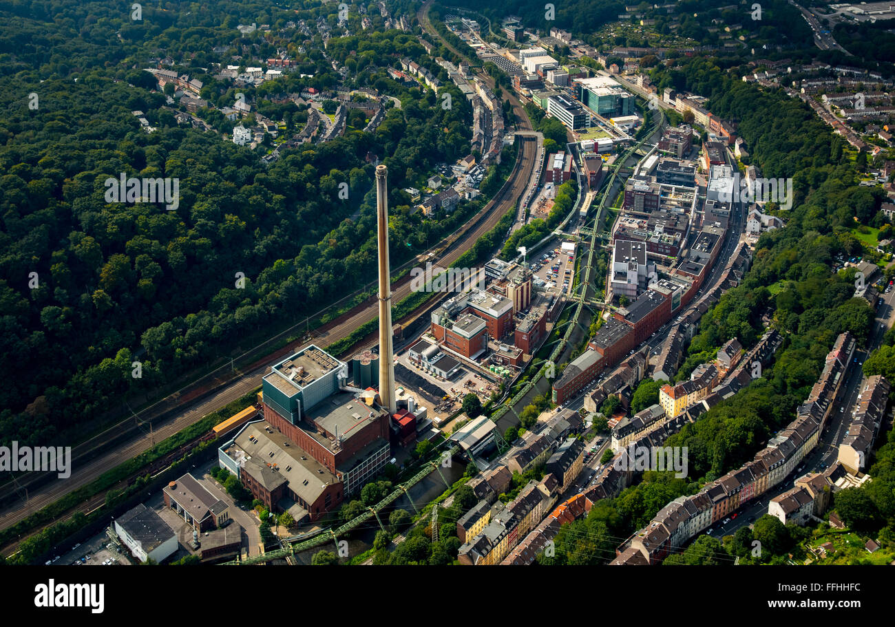 Aerial view, Bayer Wuppertal plant, Chemical Park, Wuppertal suspension railway, steel framework, the Wupper valley, Wuppertal, Stock Photo