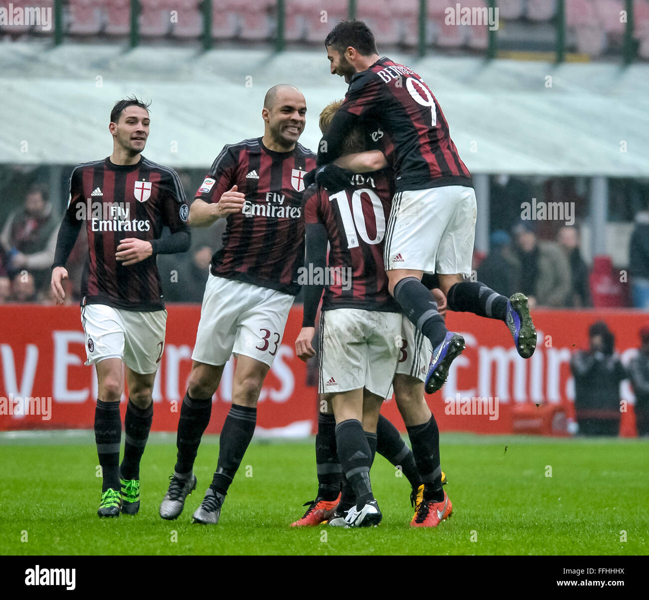 Milan, Italy. 14th Feb, 2016. Keisuke Hona (10) celebrates after scoring during the Serie A football match between AC Milan and Genoa CFC. AC Milan wins 2-1 over Genoa CFC. Carlos Bacca, Keiusuke Honda and Alessio Cerci are the scorers Credit:  Nicolò Campo/Pacific Press/Alamy Live News Stock Photo