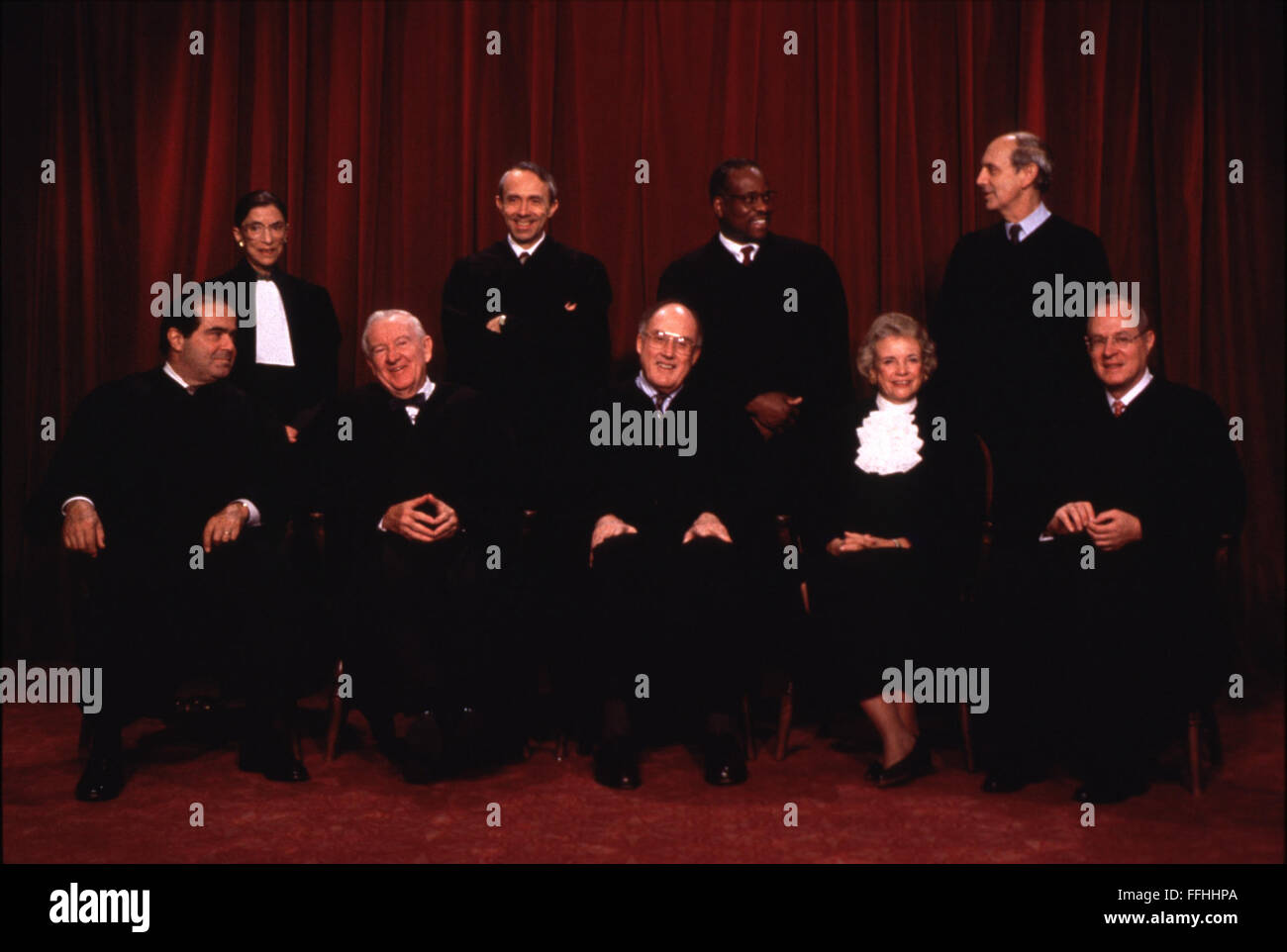 Washington, DC, USA. 2nd Dec, 2000. File photo from November 10, 1994 -- Latest group photo of the Justices of the United States Supreme Court. (L-R) Associate Justice Antonin Scalia; Associate Justice Ruth Bader Ginsburg; Associate Justice John Paul Stevens; Associate Justice David Hackett Souter; Chief Justice William H. Rehnquist; Associate Justice Clarence Thomas; Associate Justice Sandra Day O'Connor; Associate Justice Stephen G. Breyer; Associate Justice Anthony M. Kennedy.Credit: Corbis Sygma © CNP/ZUMA Wire/Alamy Live News Stock Photo