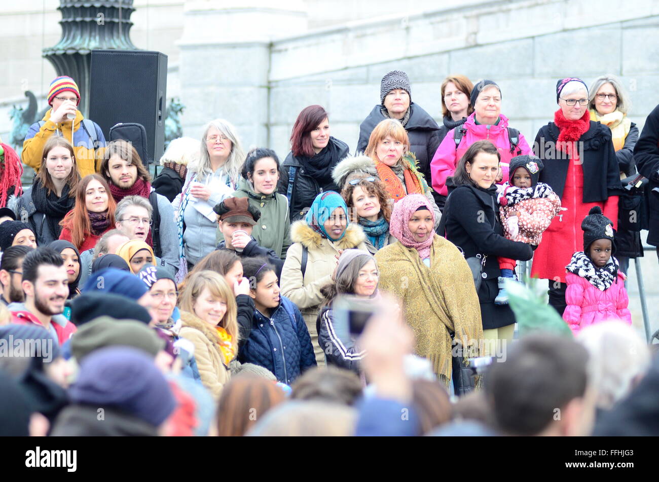 Vienna, Austria: 14th Feb, 2016. One Billion Rising march against women violence in Vienna in front of the Austrian Parliament. hundreds of activists protesting against violence to women. Credit:  Franz Perc/Alamy Live News Stock Photo