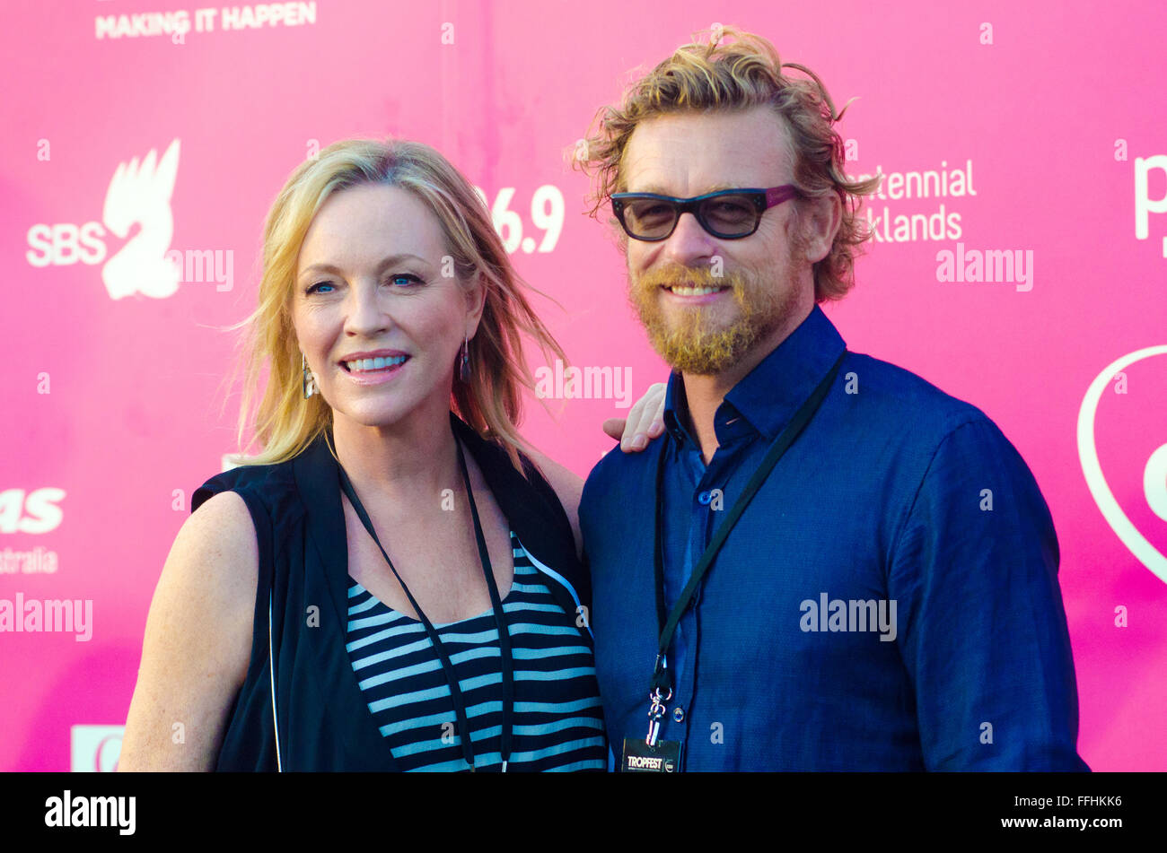 Sydney, Australia. 14th Feb, 2016: VIP's and Celebrities seen arriving on the black carpet at the Tropfest Short Film Festival. Pictured is Rebecca Gibney and Simon Baker Credit:  mjmediabox/Alamy Live News Stock Photo