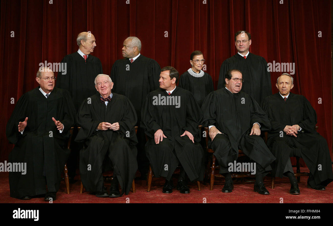 Washington, DC - March 3, 2006 -- 2006 Class Portrait of the Justices of the United States Supreme Court taken March 3, 2006, at the United States Supreme Court Building in Washington, DC Seated in the front row, from left to right are: Associate Justice Anthony M. Kennedy, Associate Justice John Paul Stevens, Chief Justice of the United States John G. Roberts, Jr., Associate Justice Antonin Scalia, and Associate Justice David Souter. Standing, from left to right, in the top row, are: Associate Justice Stephen Breyer, Associate Justice Clarence Thomas, Associate Justice Ruth Bader Ginsburg Stock Photo