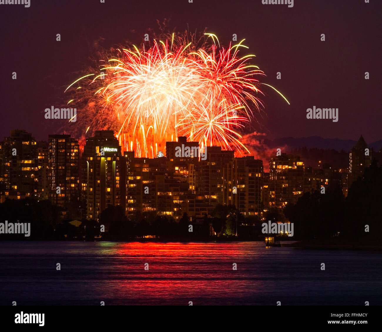 Fireworks at English Bay, Vancouver, seen from North Vancouver, Canada