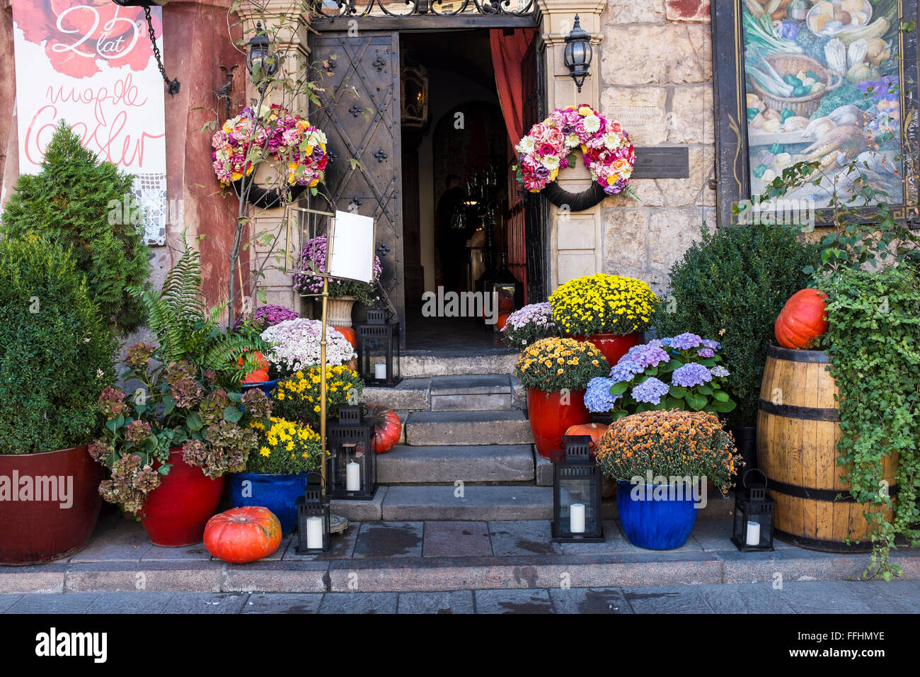 colourful entrance to a restaurant in the Old town market place, Warsaw, Poland Stock Photo