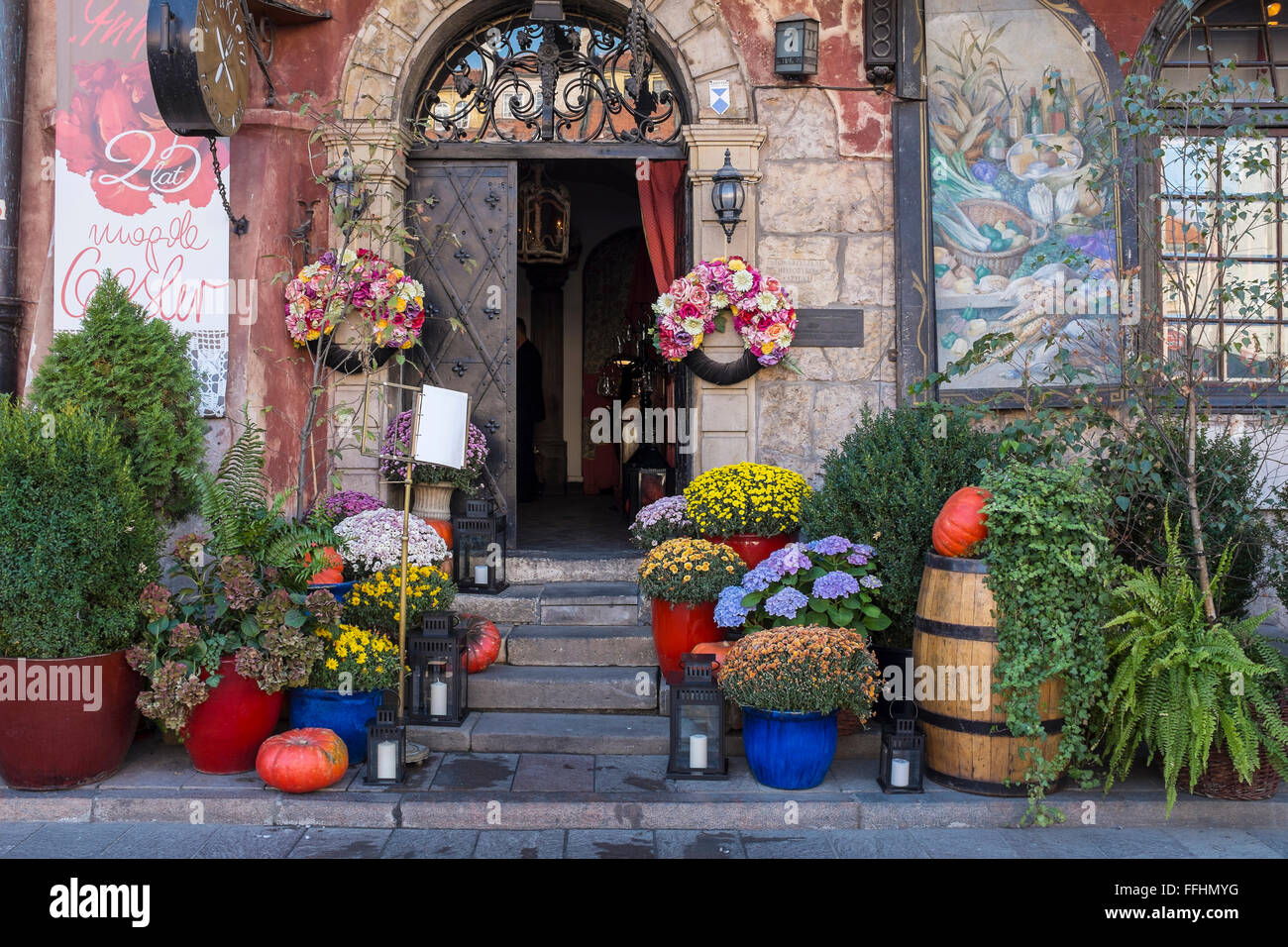 colourful entrance to a restaurant in the Old town market place, Warsaw, Poland Stock Photo