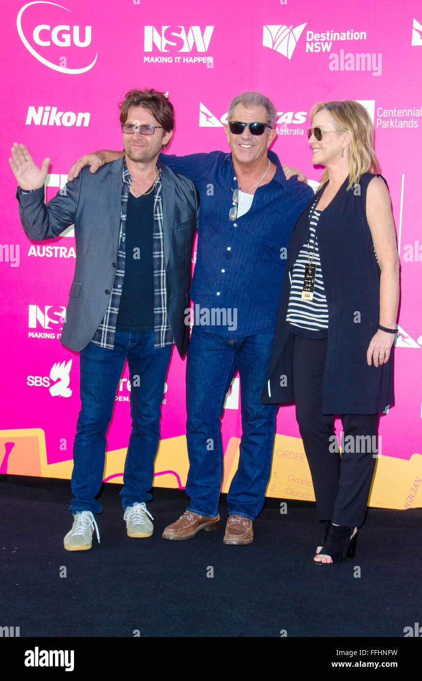 Sydney, Australia. 14th Feb, 2016: VIP's and Celebrities seen arriving on the black carpet at the Tropfest Short Film Festival. Pictured are Jon Polson, Mel Gibson and Rebecca Gibney. Credit:  mjmediabox/Alamy Live News Stock Photo