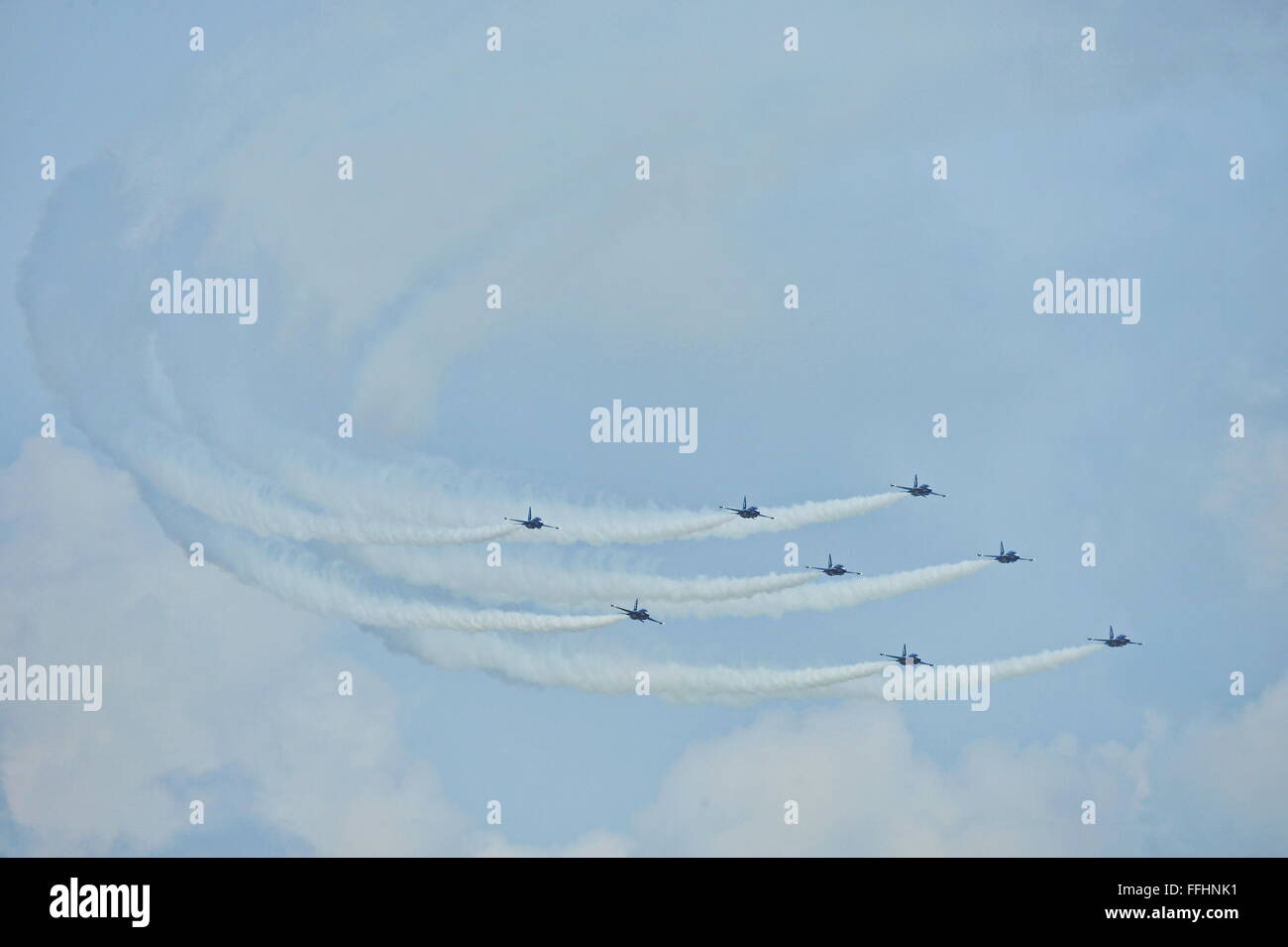 Black Eagles, (T-50B), aerobatics team, Singapore Airshow 2016, Republic of Korea Air Force RoKAF https://www.singaporeairshow.com/aerobatic-flying-display.html Stock Photo