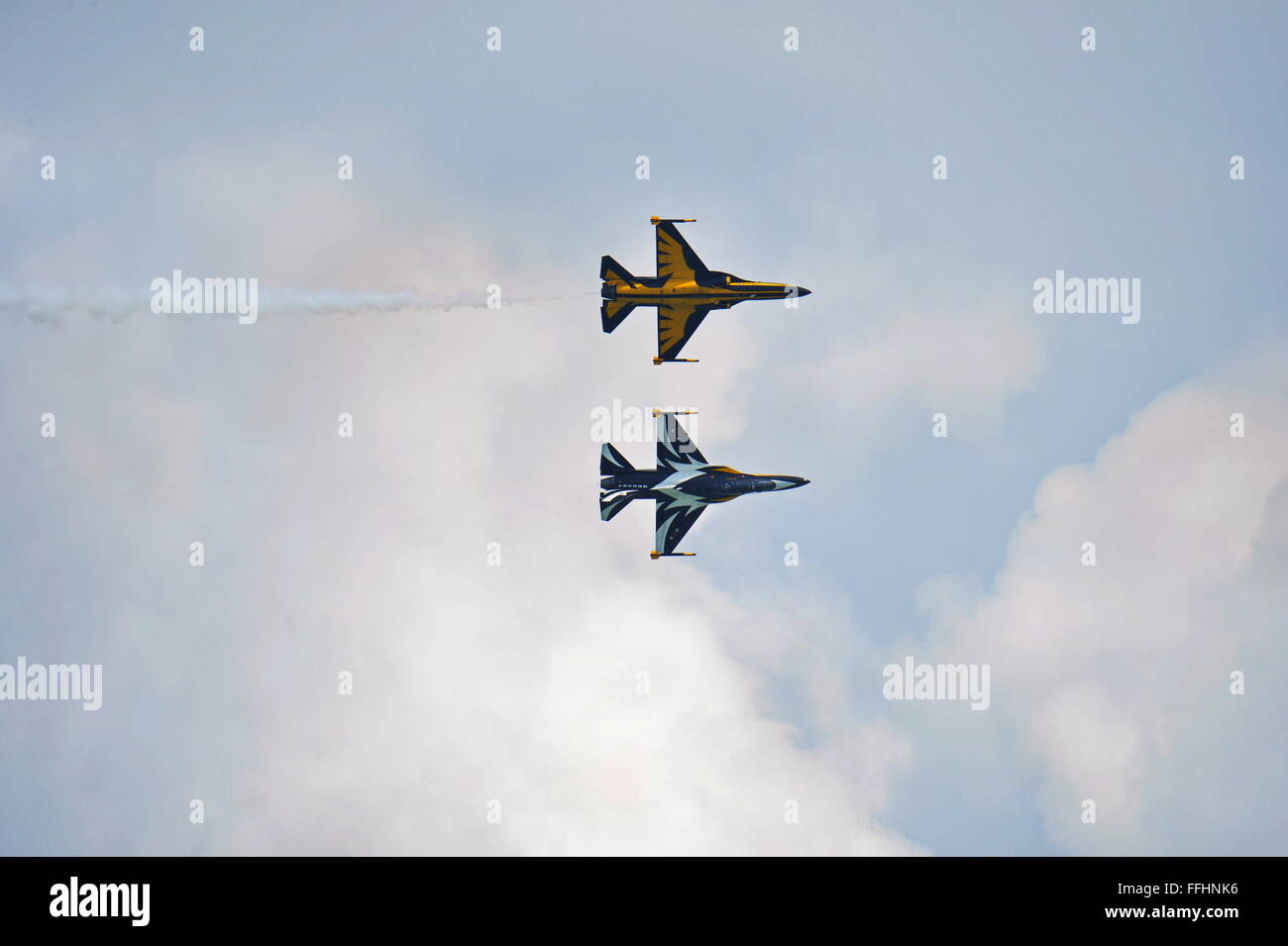 Black Eagles, (T-50B), aerobatics team, Singapore Airshow 2016, Republic of Korea Air Force RoKAF https://www.singaporeairshow.com/aerobatic-flying-display.html Stock Photo