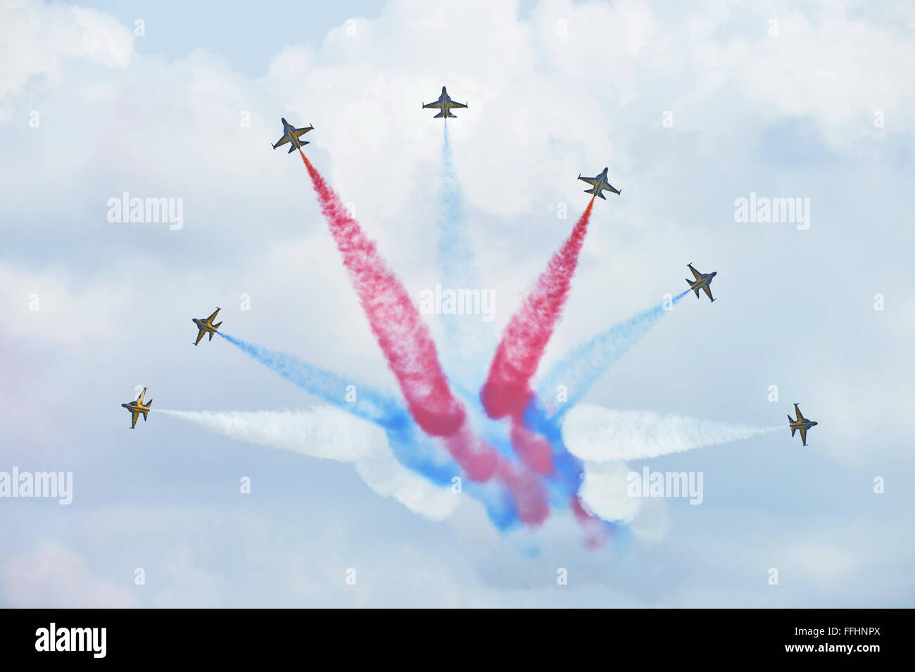 Black Eagles, (T-50B), aerobatics team, Singapore Airshow 2016, Republic of Korea Air Force RoKAF https://www.singaporeairshow.com/aerobatic-flying-display.html Stock Photo