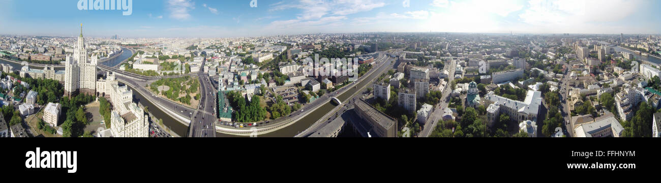 Seamless panorama of Moscow with Kotelnicheskaya Embankment Building and Tagansky district, Russia Stock Photo