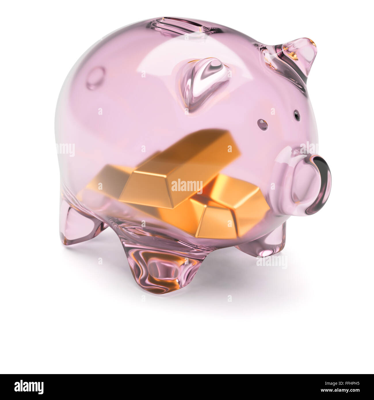 Transparent glass piggy bank with three gold bars inside isolated on ...