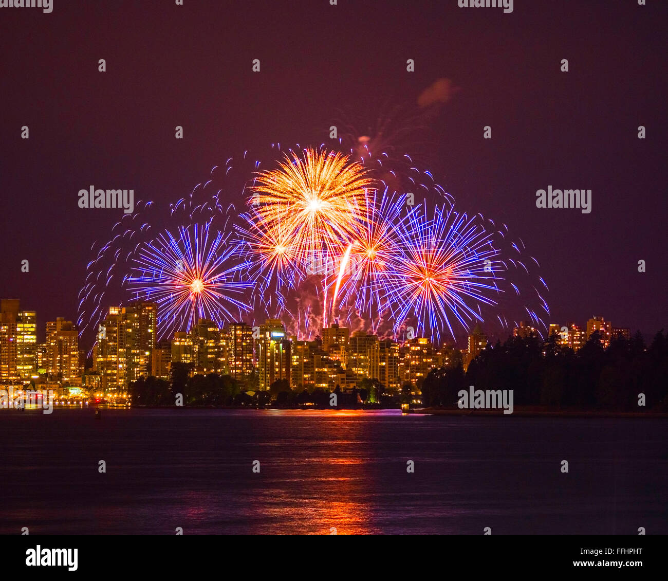 Fireworks at English Bay, Vancouver, seen from North Vancouver, Canada