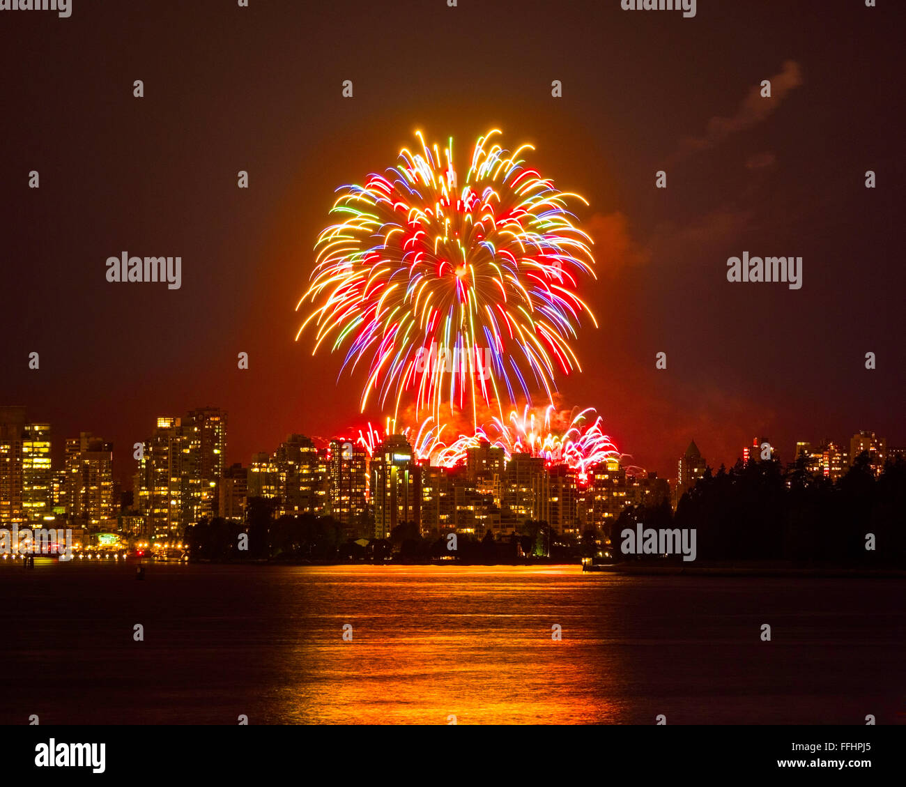 Fireworks at English Bay, Vancouver, seen