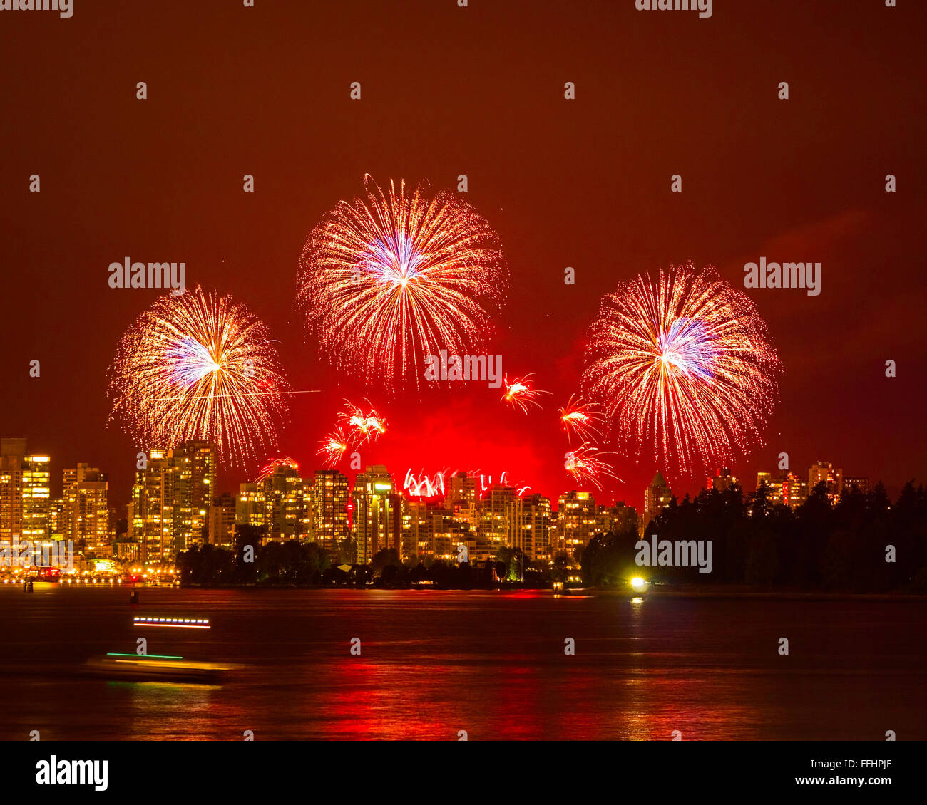 Fireworks at English Bay, Vancouver, seen from North Vancouver, Canada