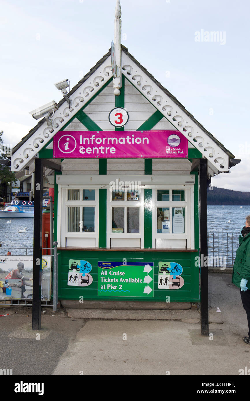 Lake Windermere, Cumbria, UK. 14th Feb, 2016. Weather Cold sunny day -  Lake Discrict National Park Information centre have taken over cruises tickect office on Bowness Bay front while thier Information centre drys out from the December floods Credit:  Gordon Shoosmith/Alamy Live News Stock Photo