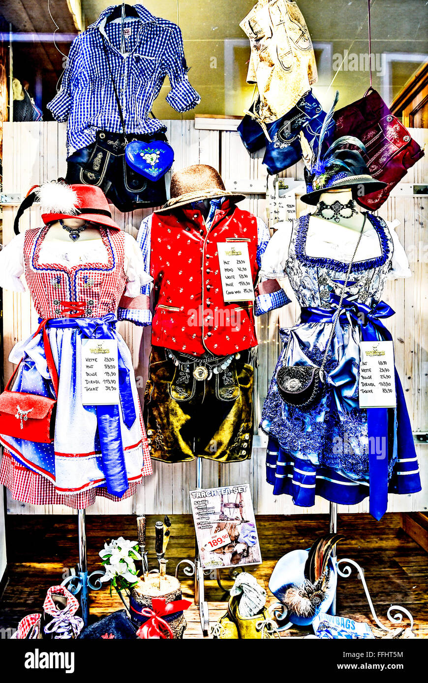 bavarian attire on display, bayerische tracht im Schaufenster Stock Photo