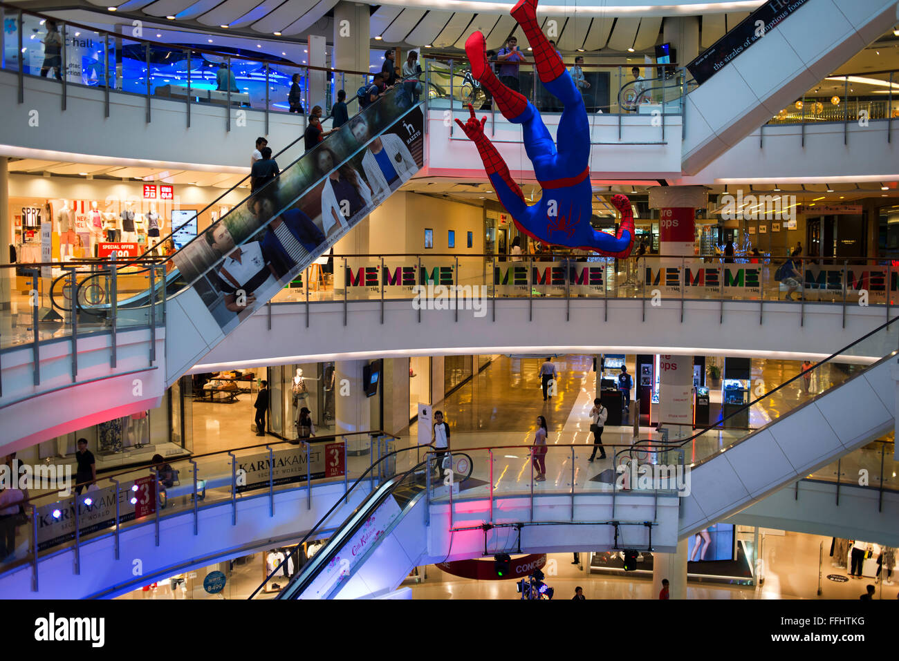 Centralworld mall. Bangkok. Thailand. A hanging Spider-Man figurine  displayed at a Bangkok shopping-mall. To celebrate the launc Stock Photo -  Alamy