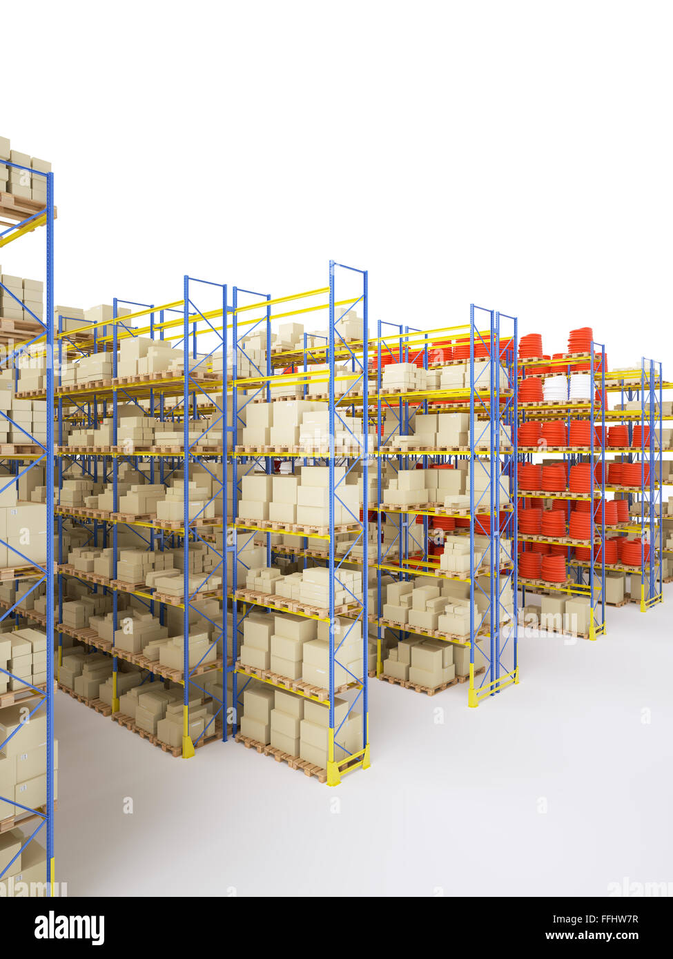 Storage racks with various boxes and merchandise isolated on white ...