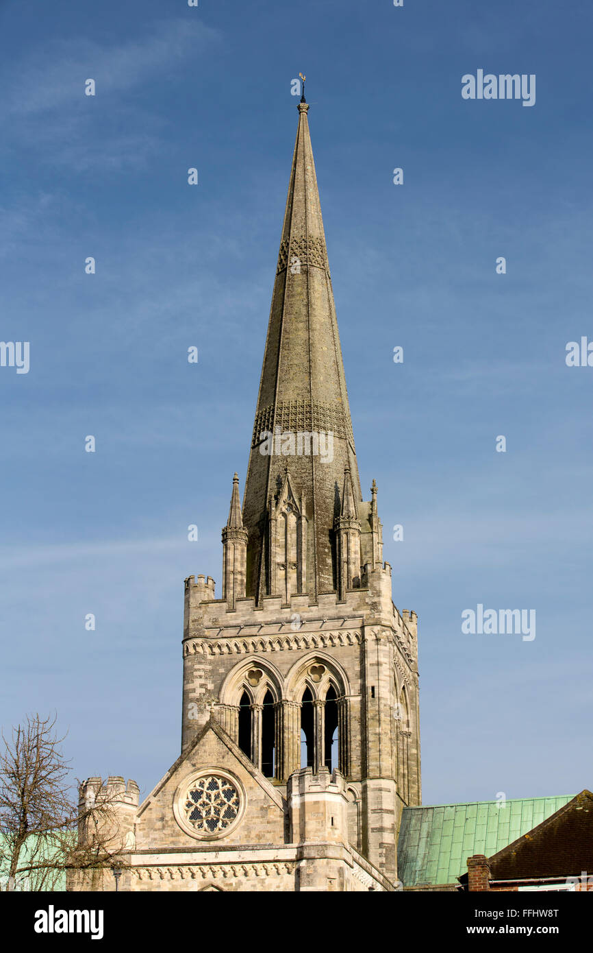 The tall spire of the holy trinity Cathedral in Chichester. A view that dominates the skyline in this West Sussex historic city. Stock Photo