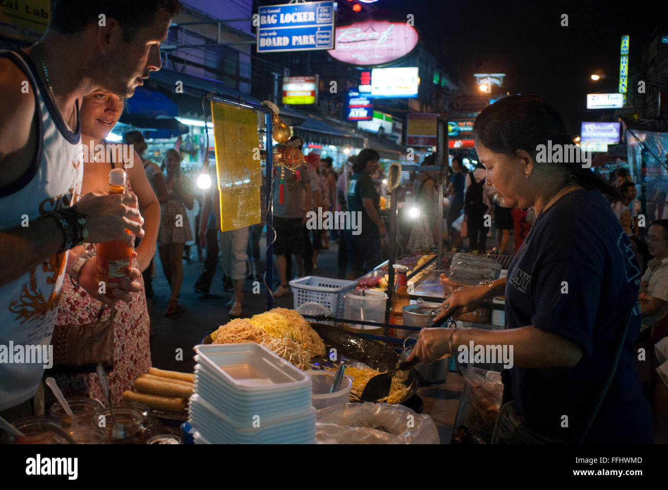 khao san road, noodles street stall. Food stall. Bangkok. Khaosan Road or Khao San Road is a short street in central Bangkok, Th Stock Photo