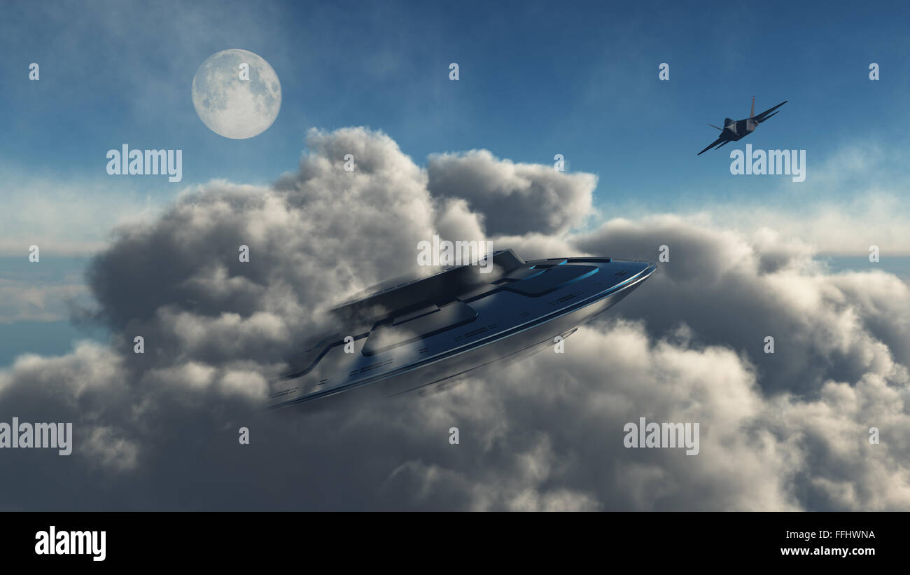 An F-22 Raptor Chasing A UFO Stock Photo