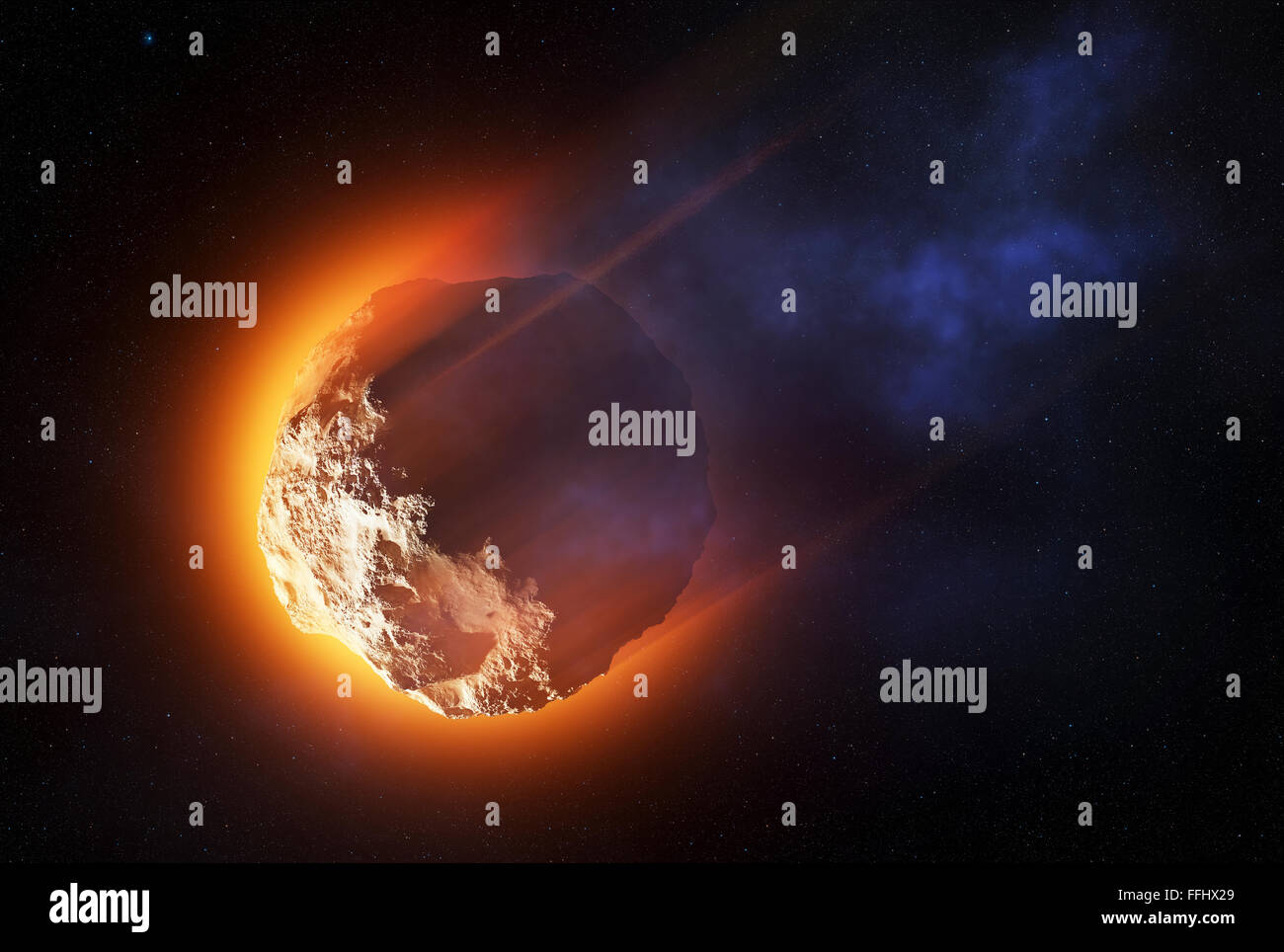 Close-up of asteroid entering the atmosphere at high speed and starting to burn -3D artwork Stock Photo
