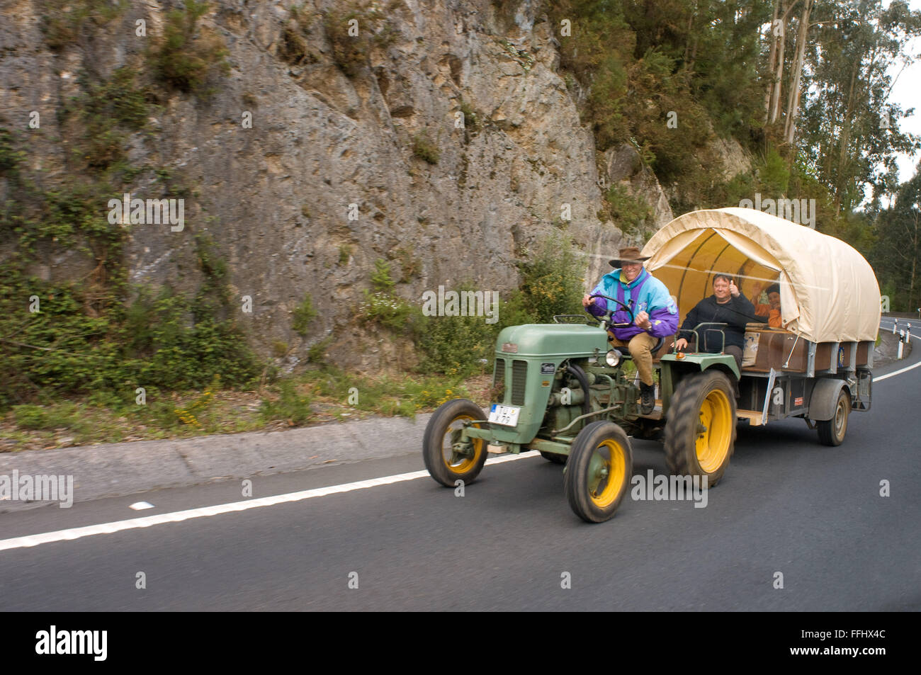 Way of St. James, Jacobean Route. One of the most interesting ways to do the way is to do aboard a vintage tractor. St. James's Stock Photo