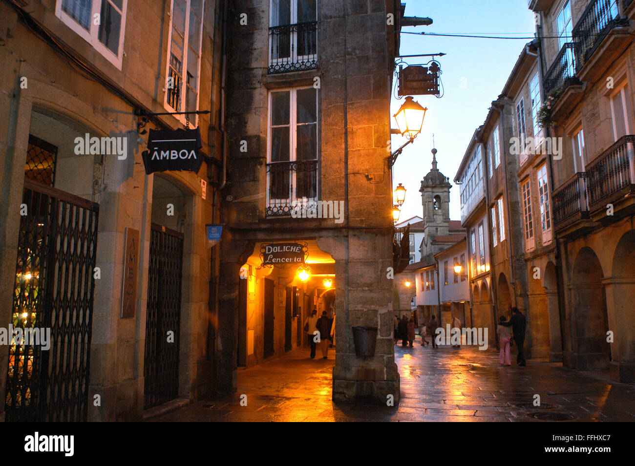 Way of St. James, Jacobean Route. Old town of Santiago de Compostela. St. James's Way, St. James's Path, St. James's Trail, Route of Santiago de Compostela or Road to Santiago Stock Photo