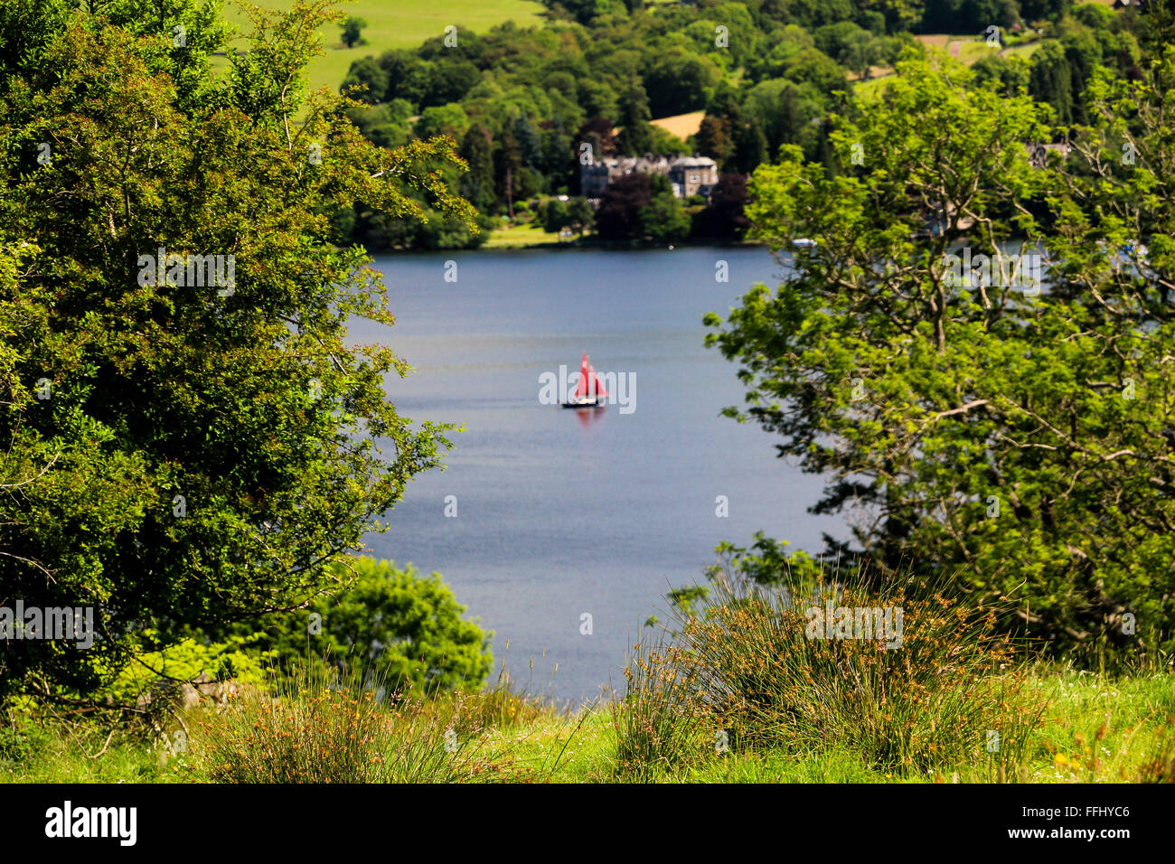 Sailing boat, Lake Windermere, Lake District, Cumbria, England Stock
