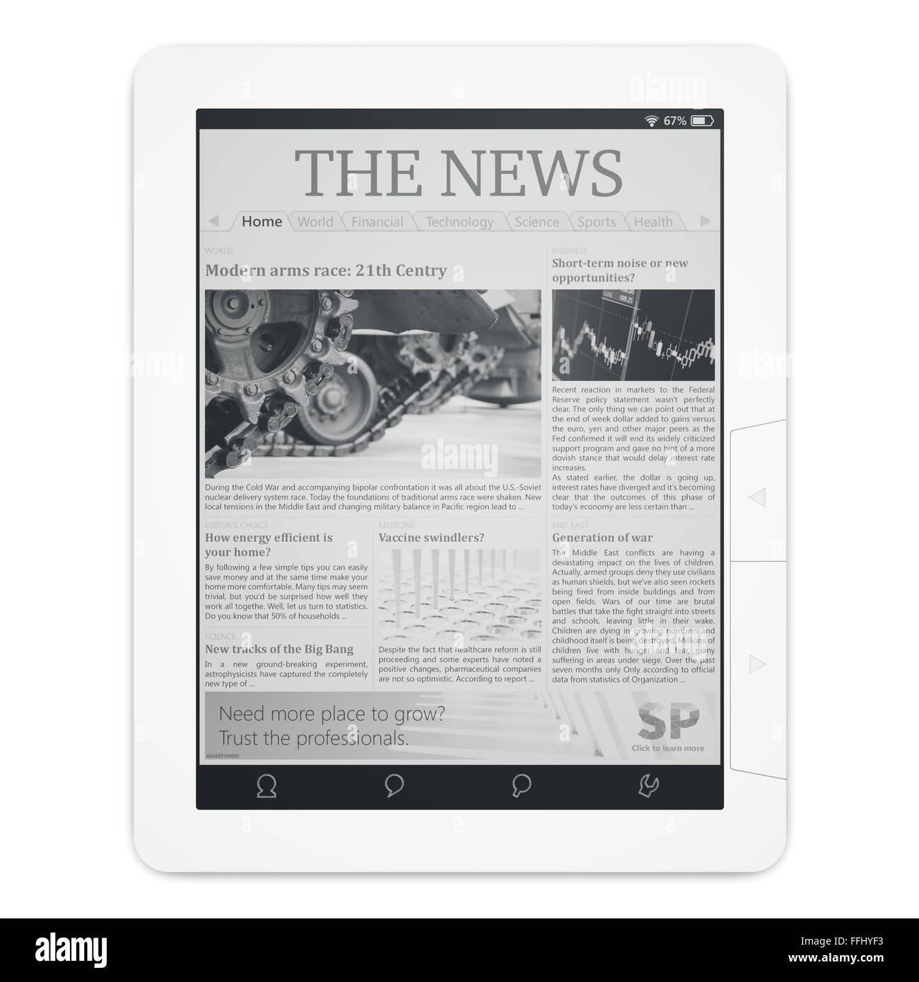 Ereader with newspaper application isolated on white top view Stock