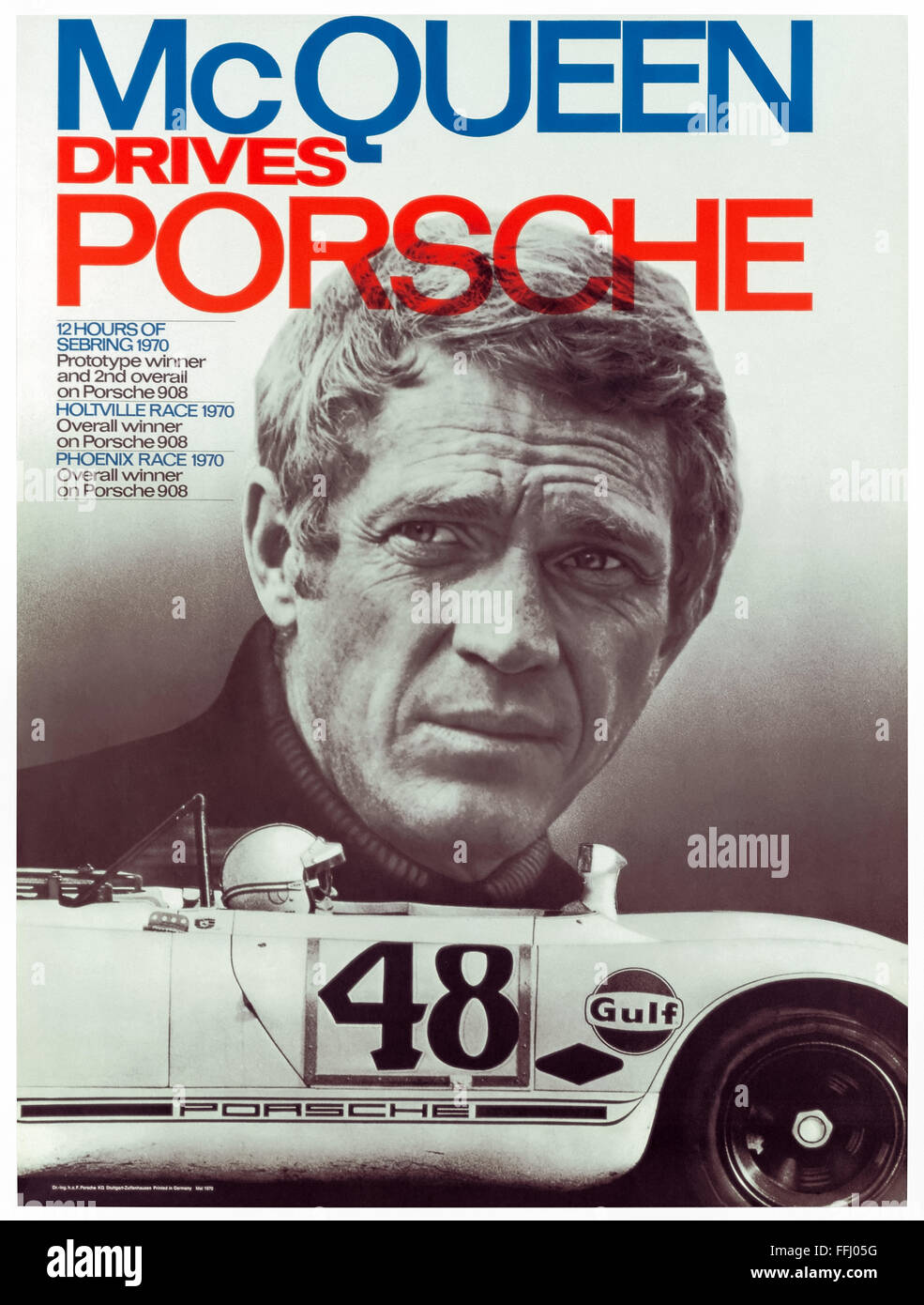 'McQueen Drives Porsche' movie poster for 'Le Mans' directed by Lee H. Katzin and released in 1971. See description for more information. Stock Photo