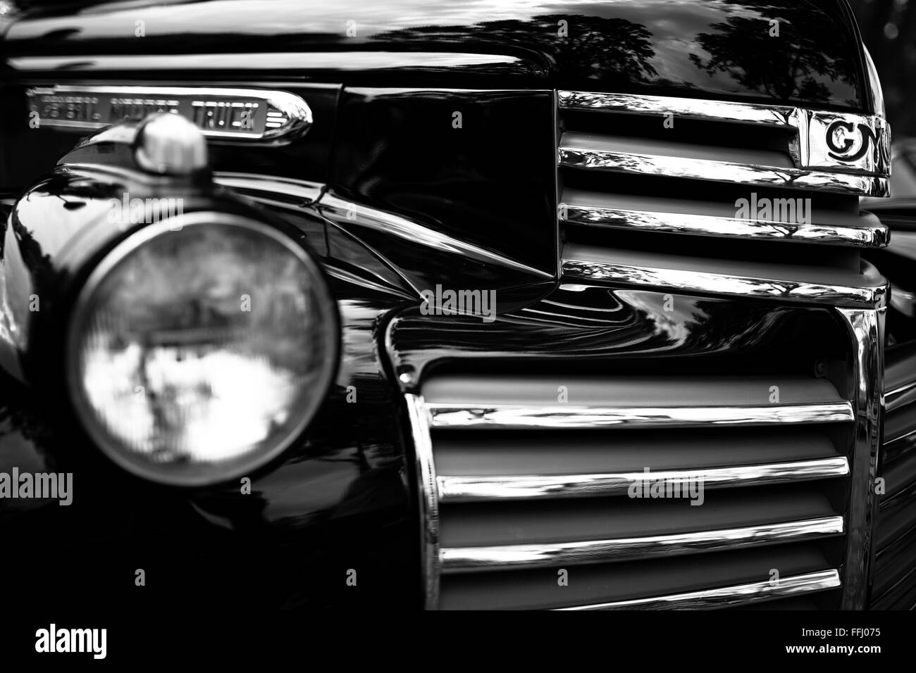 Detailed monochrome images of spectacularly restored classic cars. Stock Photo