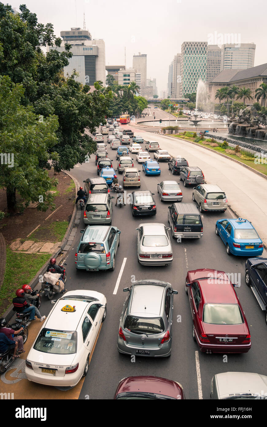 A traffic jam on the busy streets of Jakarta, Java, Indonesia. Stock Photo