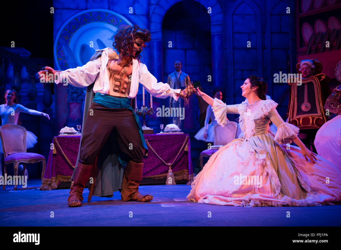 Amateur Drama - non-professional actors performing in a pantomime production Beauty and the Beast on stage at Aberystwyth Arts Centre, Wales UK Stock Photo image