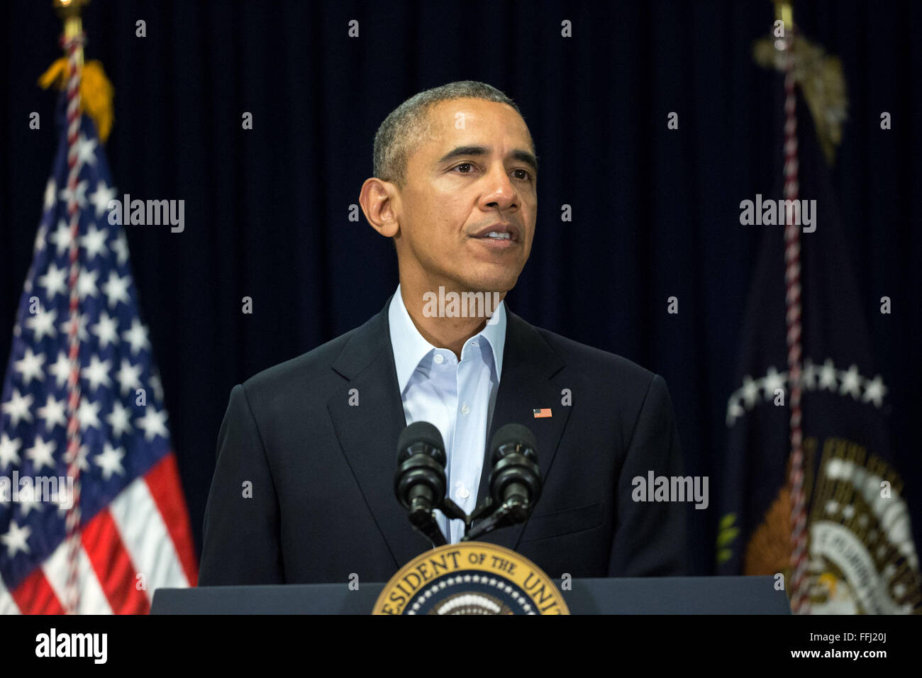 U.S. President Barack Obama makes a statement on the death of Supreme Court Justice Antonin Scalia at Omni Rancho Las Palmas February 13, 2016 in Rancho Mirage, California. Scalia, 79, was found dead Saturday morning at a private residence in the Big Bend area of West Texas. Stock Photo