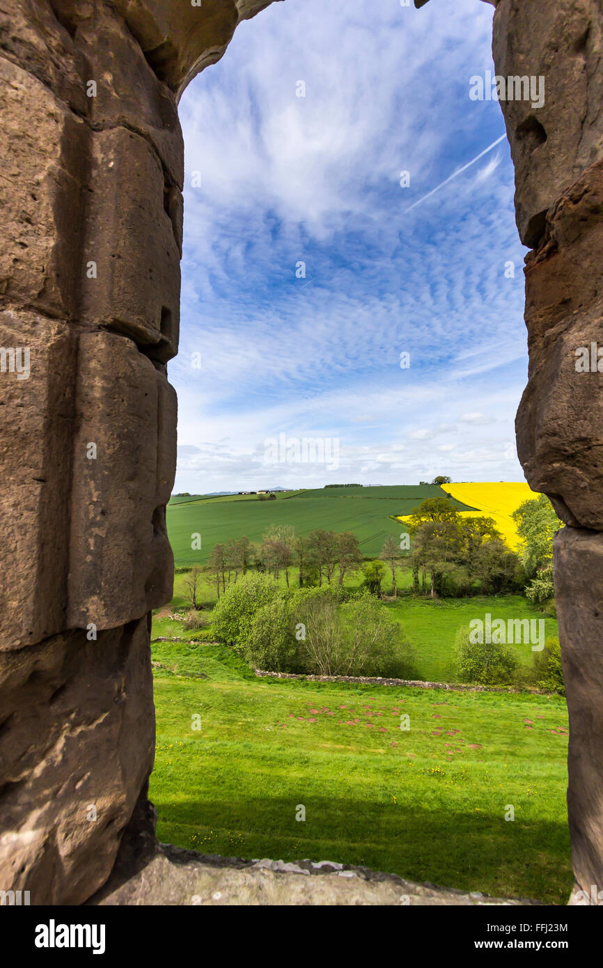 Window view from Raglan Castle to Black Mountains in Monmouthshire UK. Stock Photo