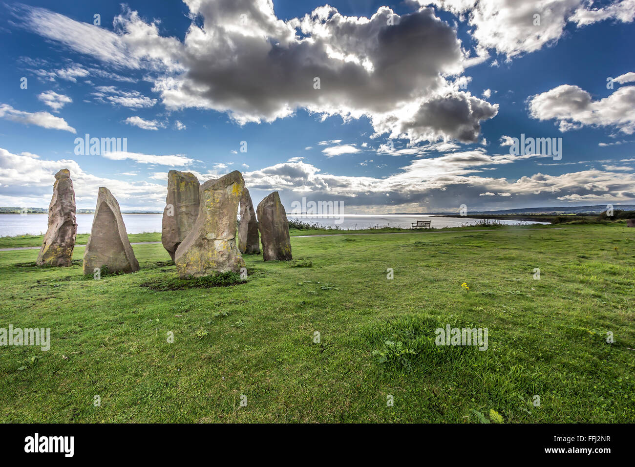 Standing Stones at Lydney Harbour, on the river Severn, Gloucestershire, UK Stock Photo