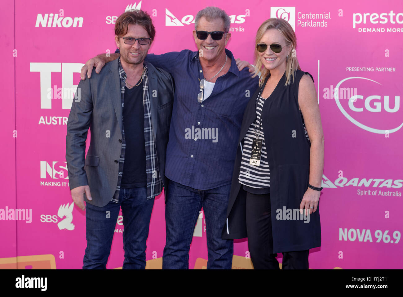Sydney, Australia. 14th Feb, 2016. (L-R) Tropfest Founder Jon Polson, Actor/Director Mel Gibson and Rebecca Gibney joined Tropfest's judging panel for the world's largest short film festival night at Sydney's Centennial Parklands. Credit:  Hugh Peterswald/Pacific Press/Alamy Live News Stock Photo