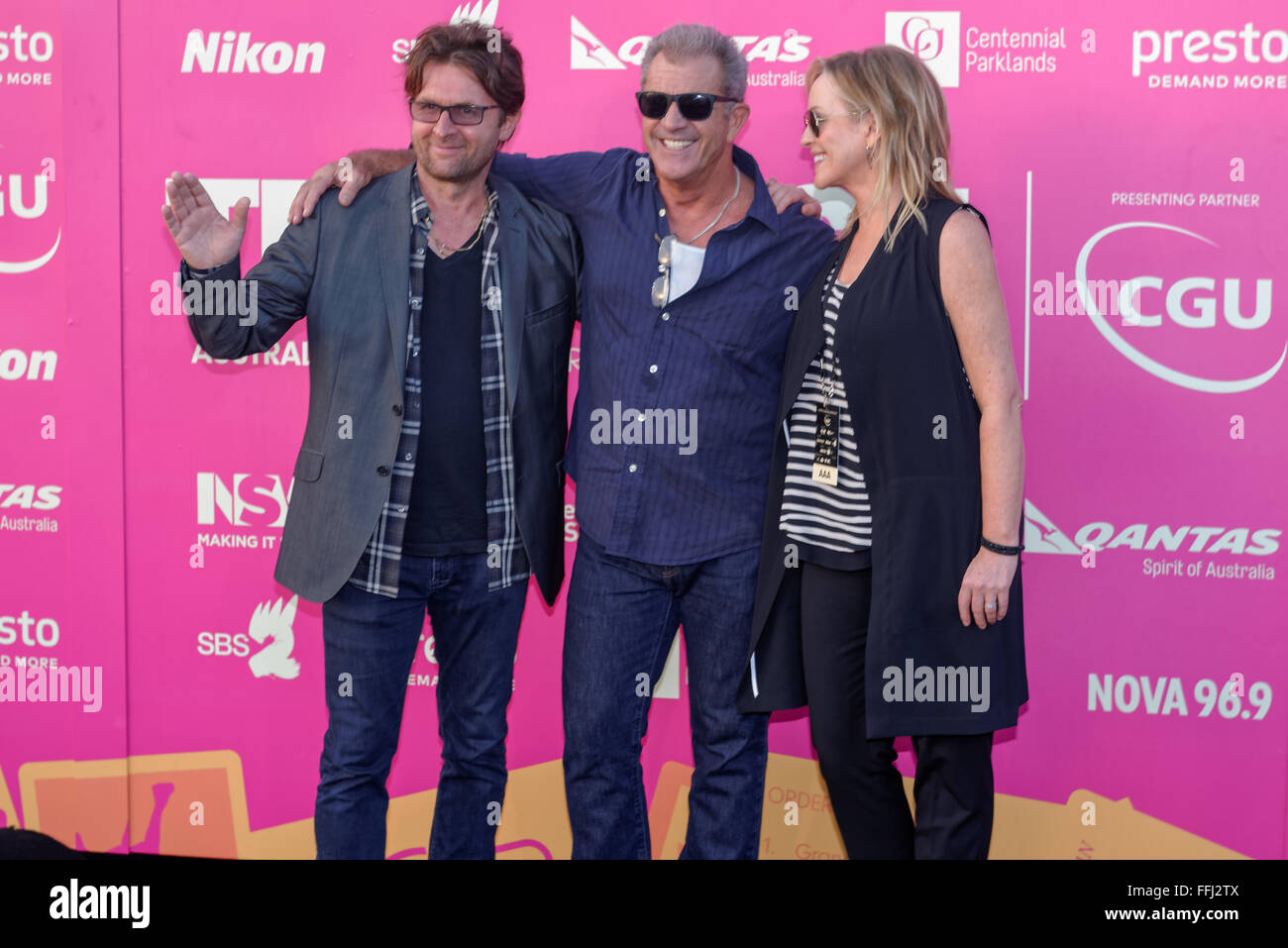 Sydney, Australia. 14th Feb, 2016. (L-R) Tropfest Founder Jon Polson, Actor/Director Mel Gibson and Rebecca Gibney joined Tropfest's judging panel for the world's largest short film festival night at Sydney's Centennial Parklands. Credit:  Hugh Peterswald/Pacific Press/Alamy Live News Stock Photo