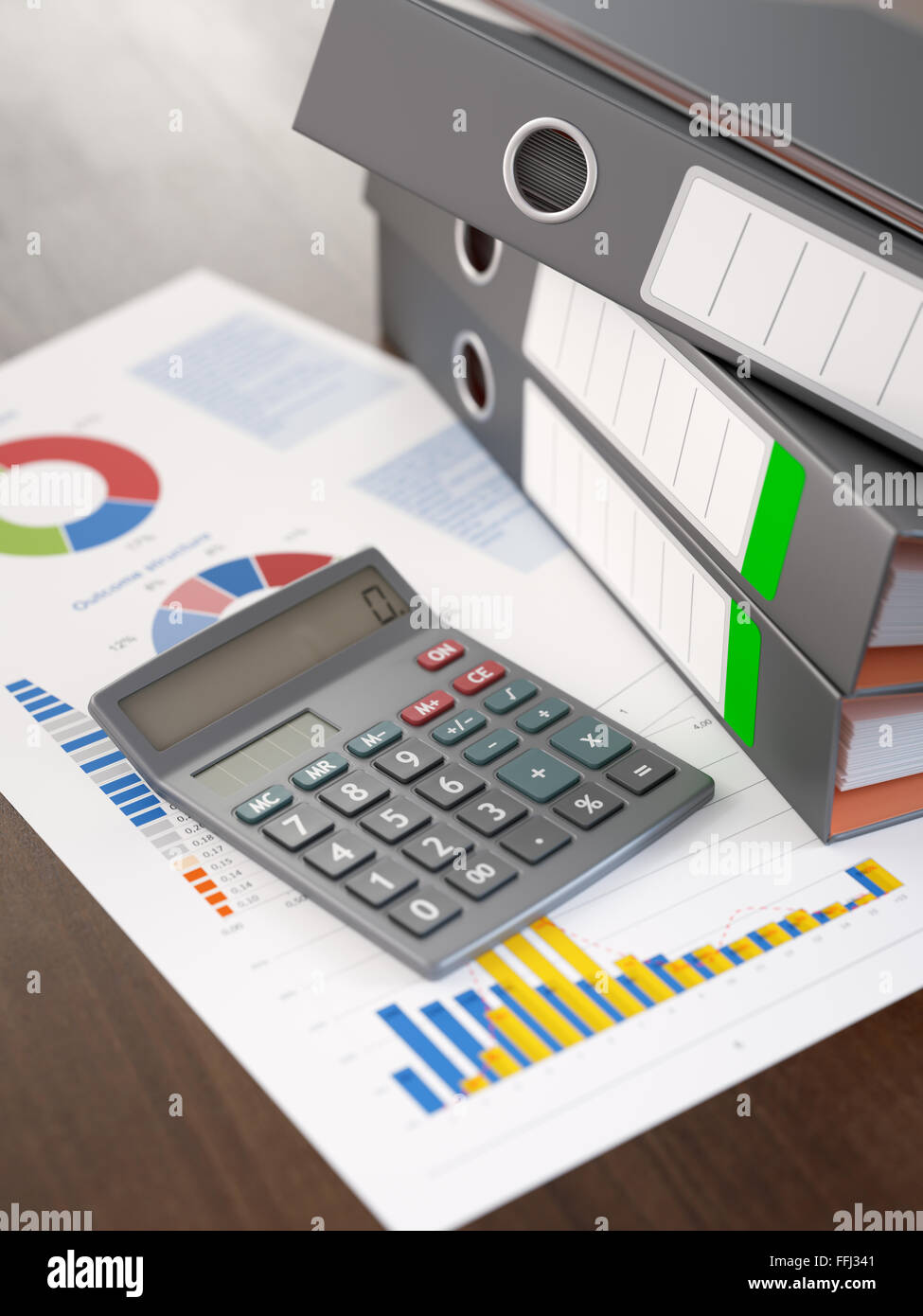 Stack of ring binders, documents and calculator at workplace Stock