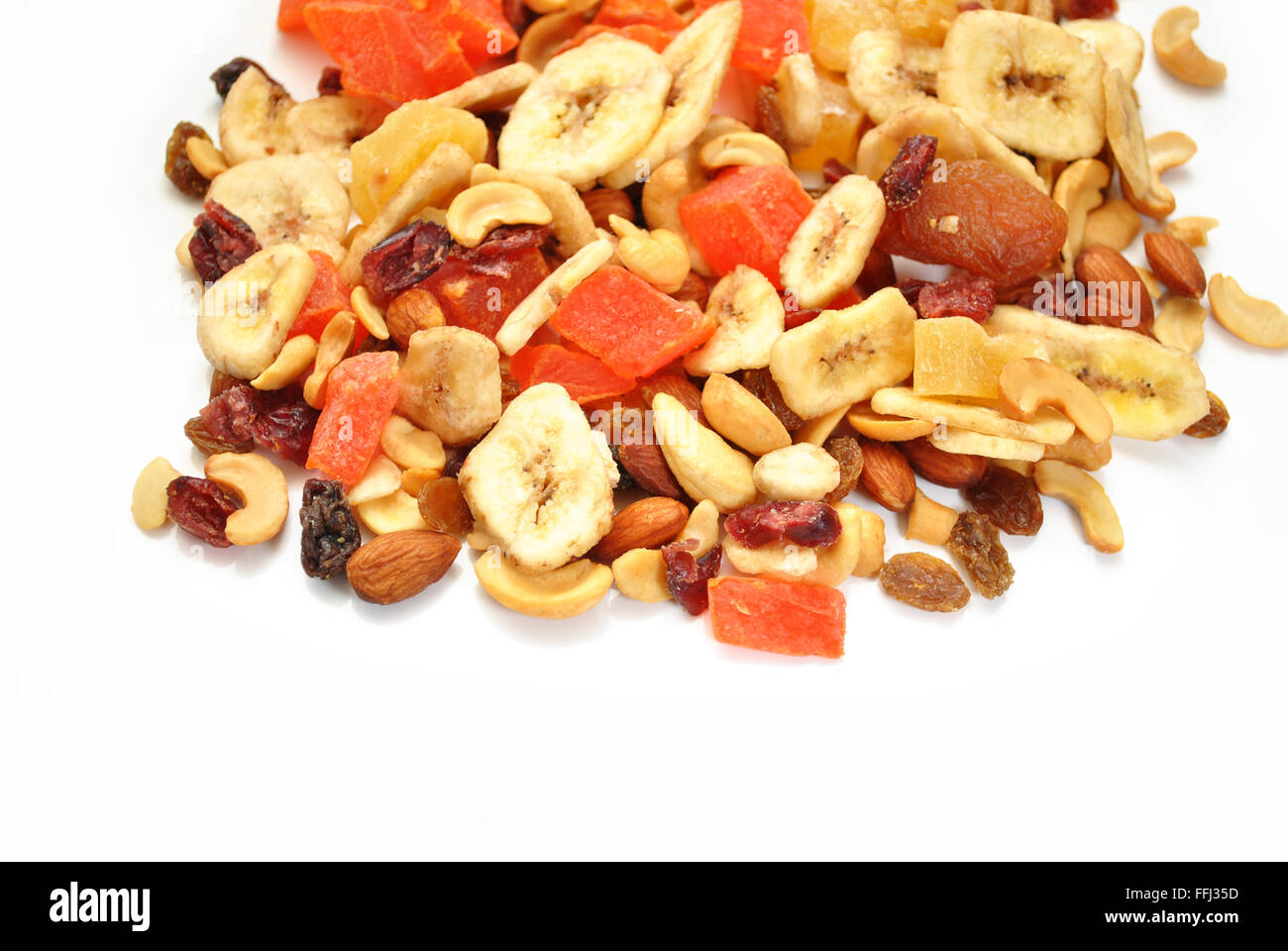 Tropical Fruit and Nut Trail Mix with Copy Space Stock Photo