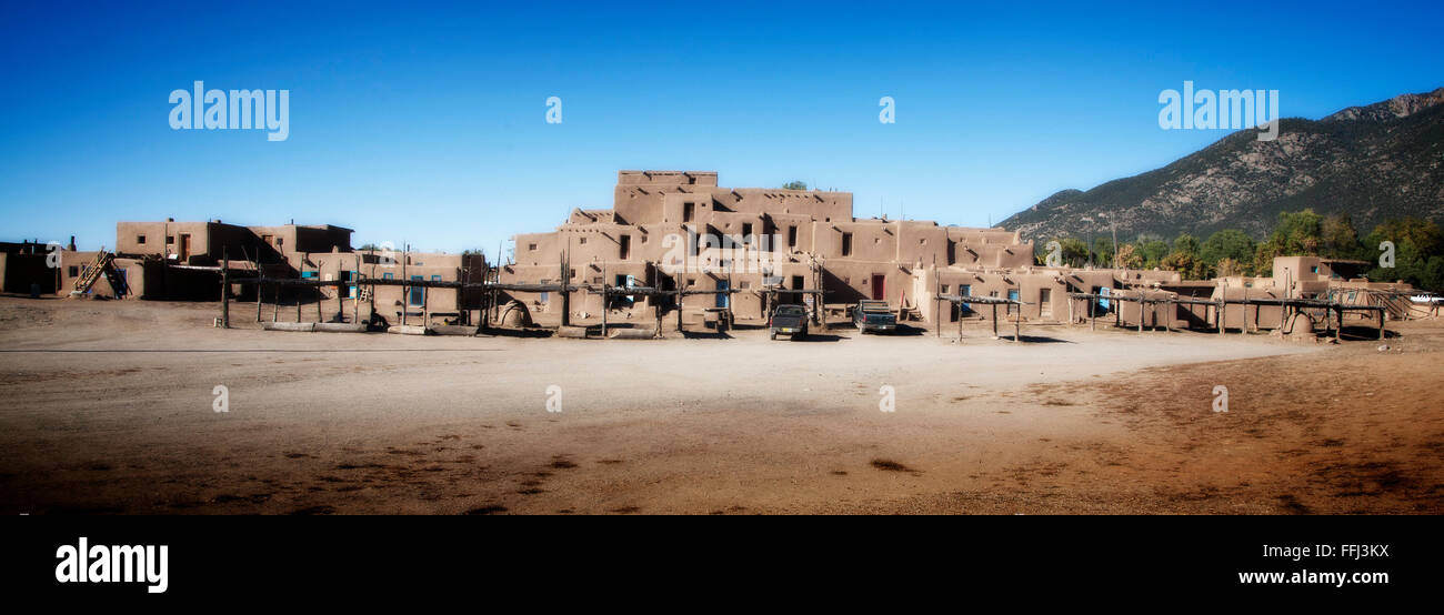 The historic Taos Pueblo, a UNESCO World Heritage site was built between 1000 to 1450. Taos, New Mexico. Stock Photo