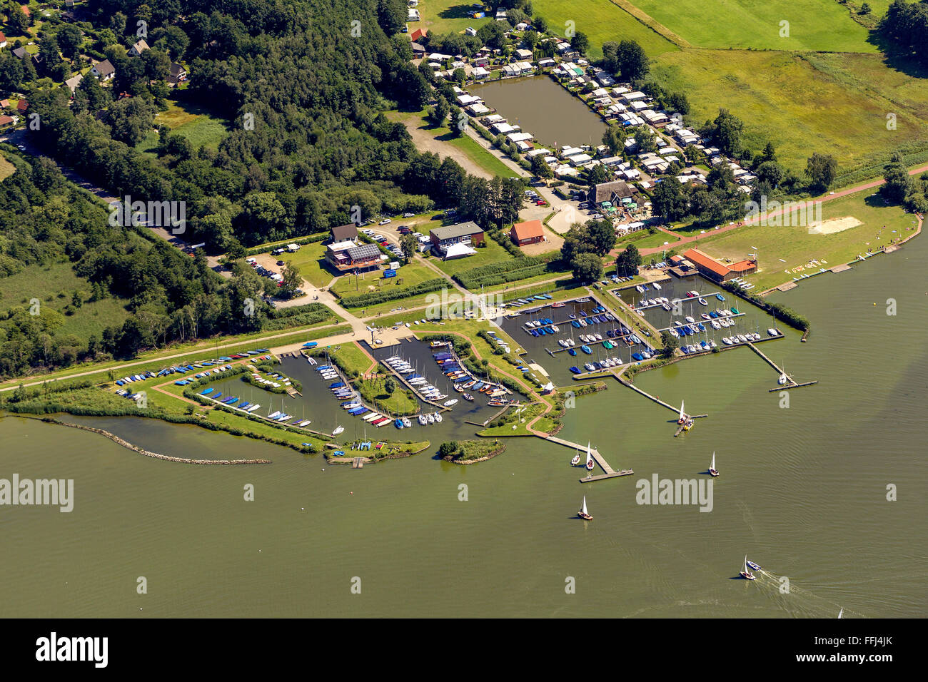Aerial view, Lembruch, Dümmer, Dümmer See, North German lowland in Lower Hunte, Hude (Oldenburg), Lower Saxony, Europe, Aerial Stock Photo