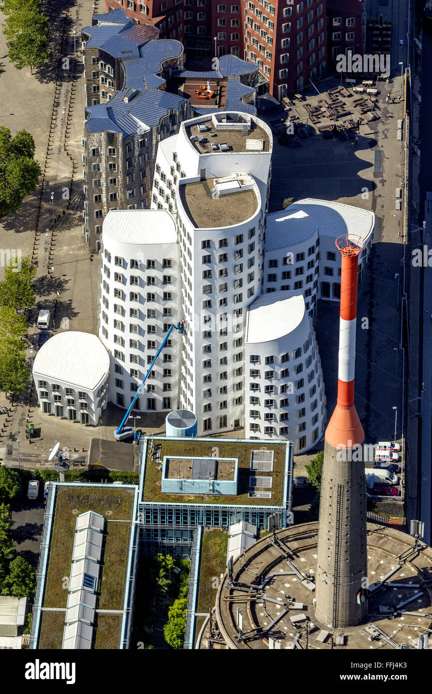 Aerial view, Gehry Buildings Dusseldorf Hafen, Duesseldorf, Rhineland, North Rhine-Westphalia, Germany, Europe, Europe, Aerial Stock Photo
