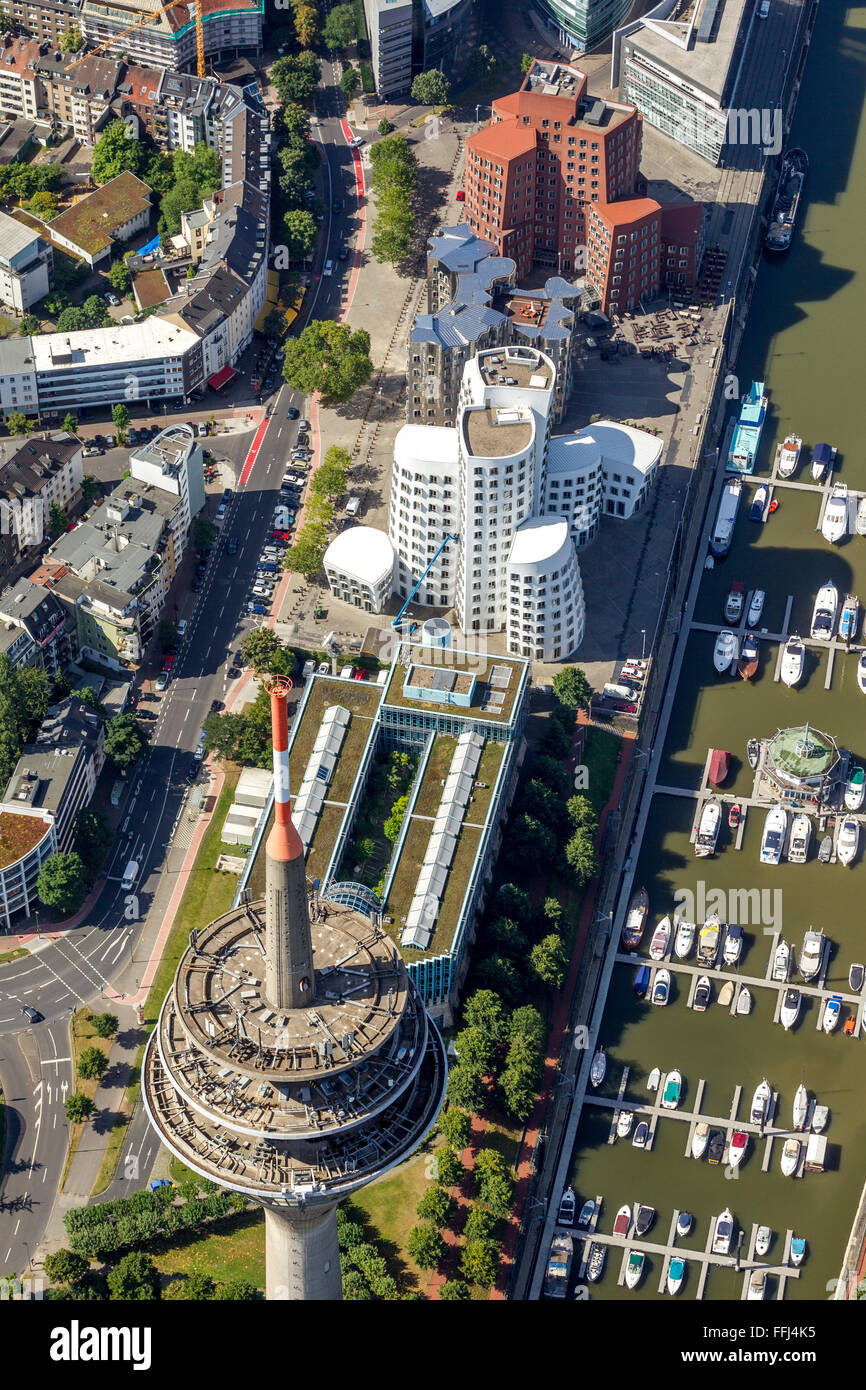 Aerial view, Gehry Buildings Dusseldorf Hafen, TV Tower at Parliament, Duesseldorf, Rhineland, North Rhine-Westphalia, Germany, Stock Photo