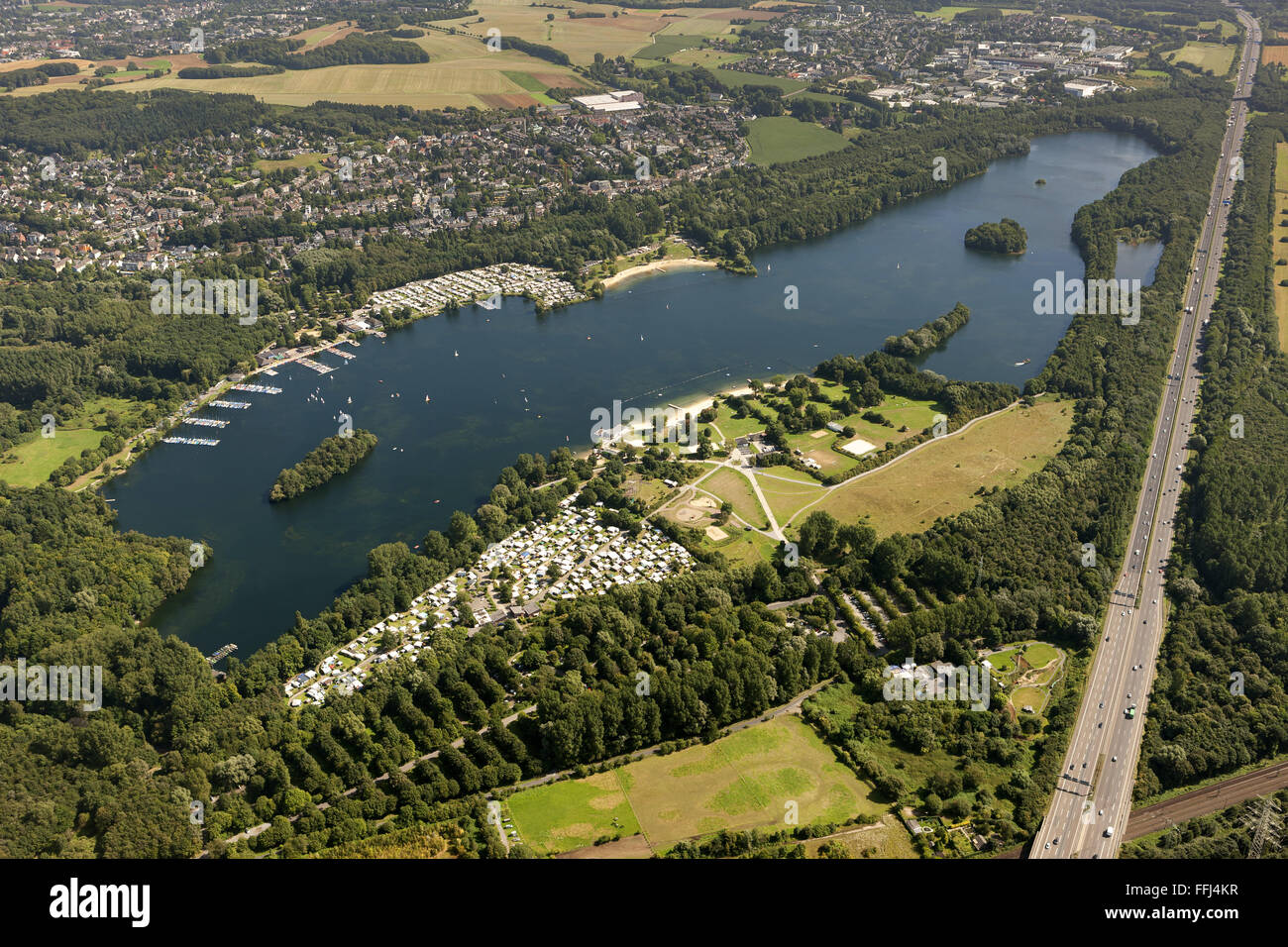 Aerial view, The.Unterbacher See lake, Duesseldorf, Rhineland, North Rhine-Westphalia, Germany, Europe, Aerial view, Stock Photo