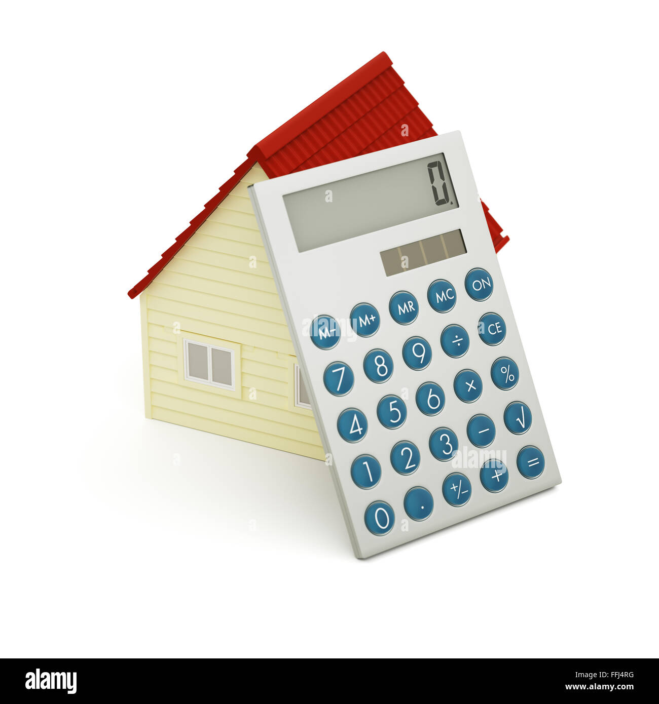 Toy house and calculator isolated on white Stock Photo - Alamy