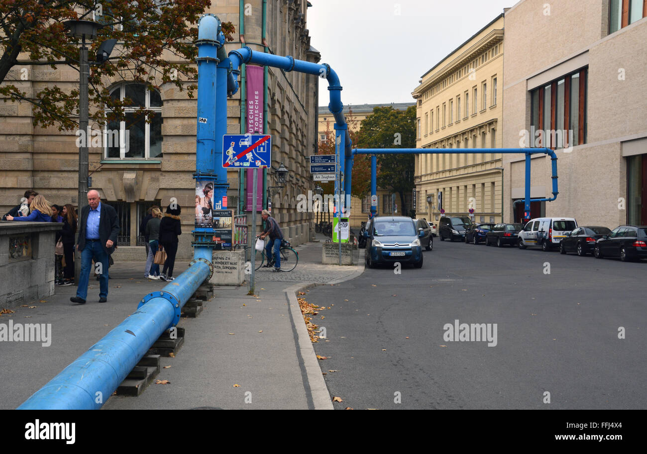 Blue pipes used to pump underground water from a construction site in