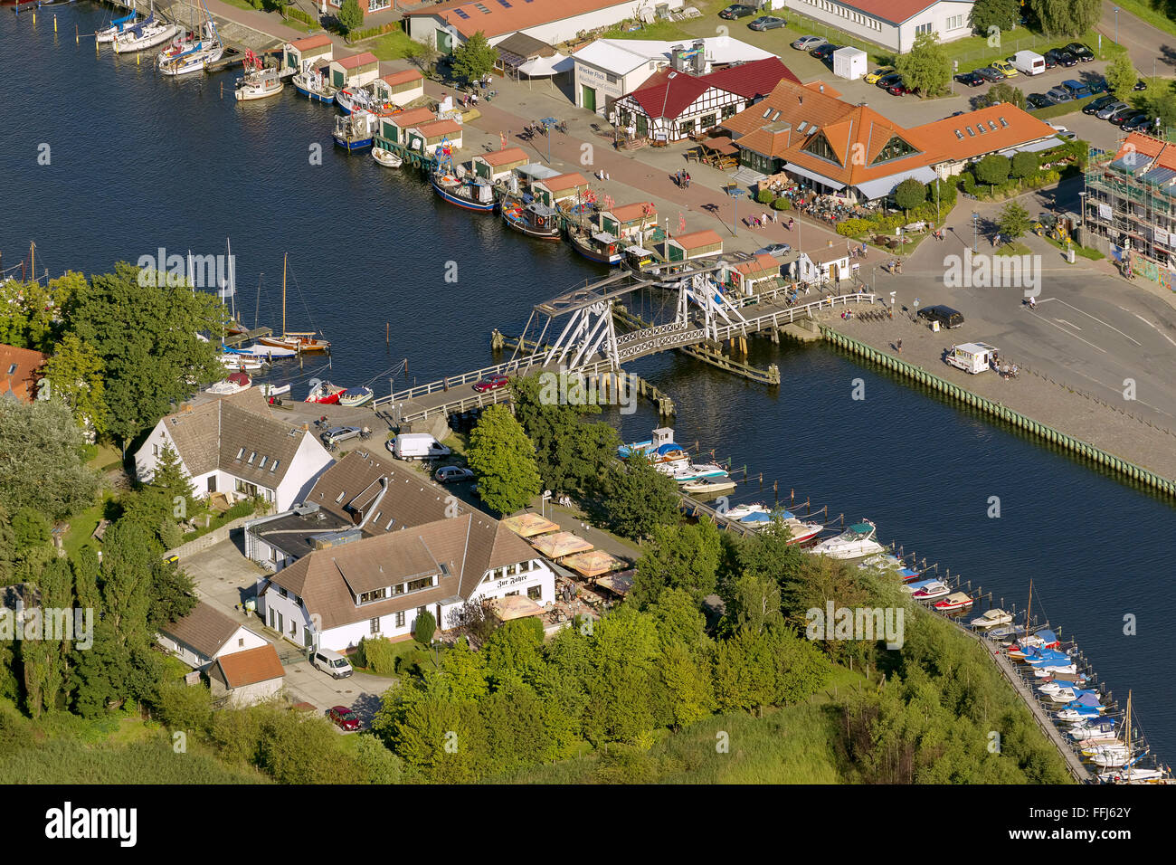 Aerial view, bascule bridge in Wieck, Greifswald, historic drawbridge Ryck, Wieck, Greifswald, Greifswald,Mecklenburg-Vorpommern Stock Photo